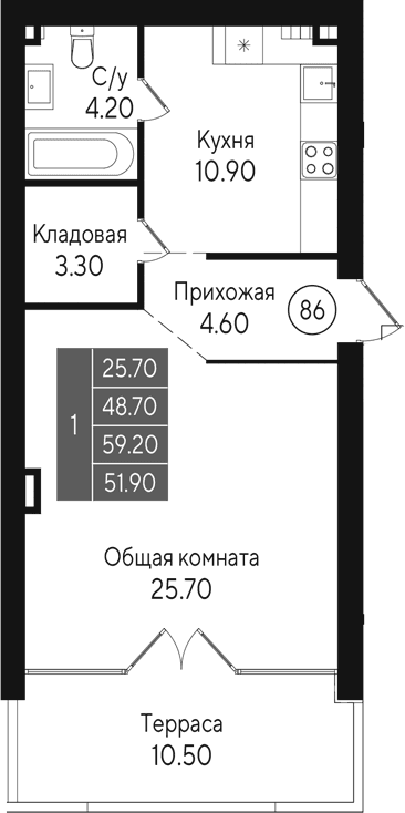 1-комн., 48.7 м²