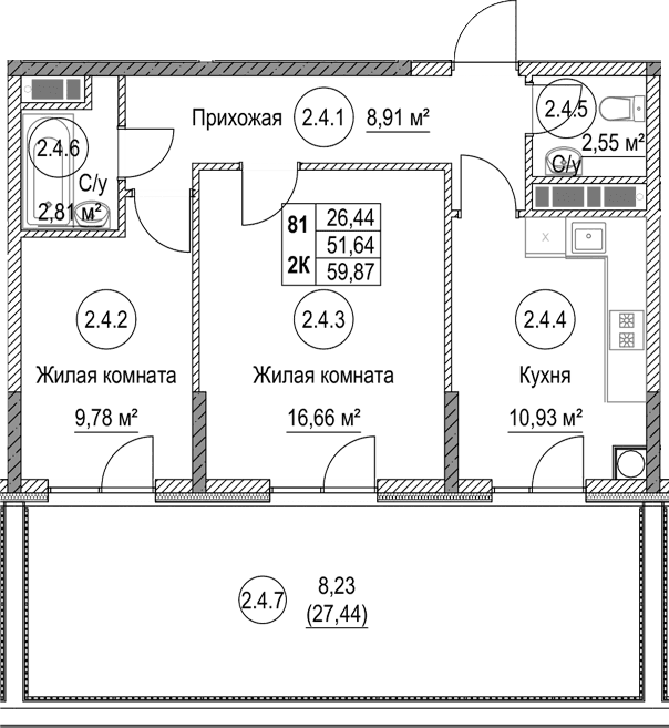 2-комн., 51.64 м²