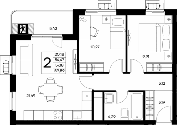 2-комн., 54.47 м²