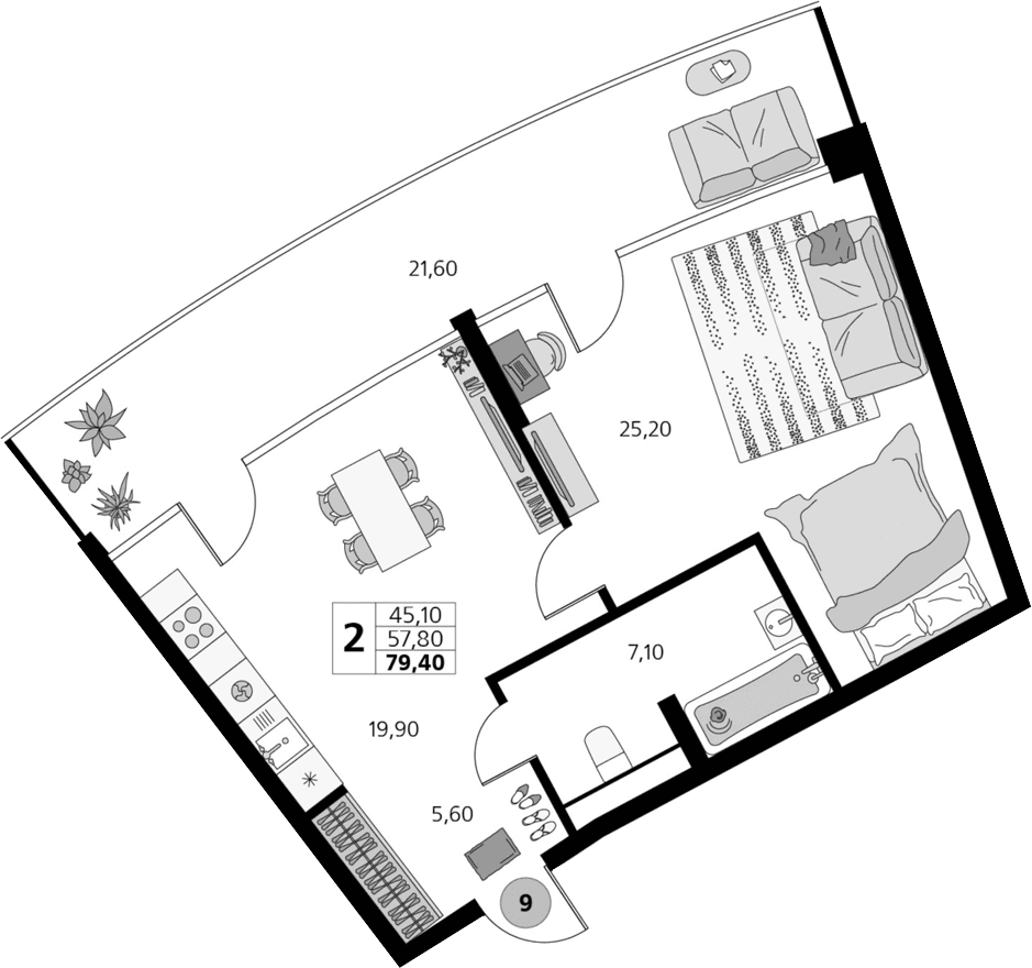 2-комн., 57.8 м²
