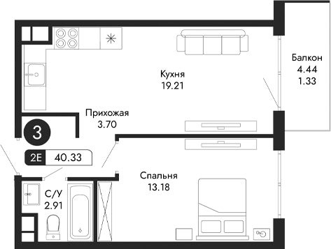 2-комн., 39 м²