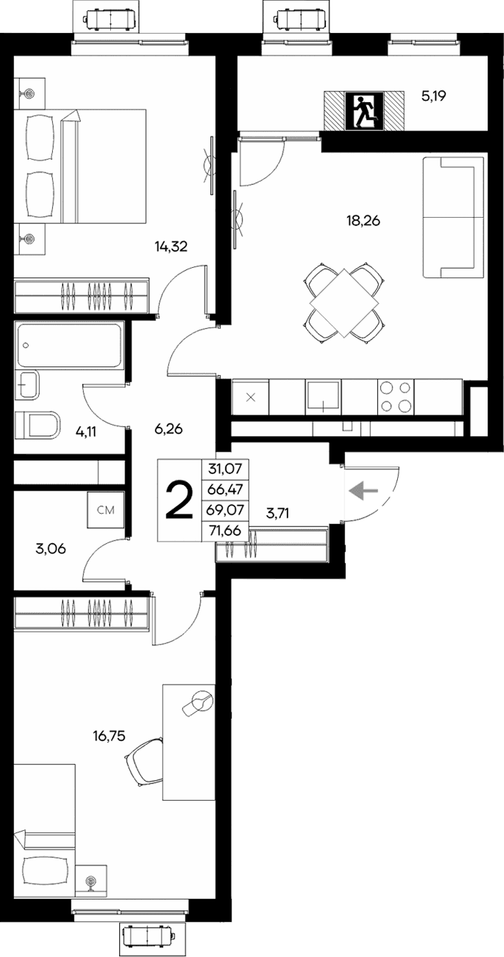 2-комн., 66.47 м²