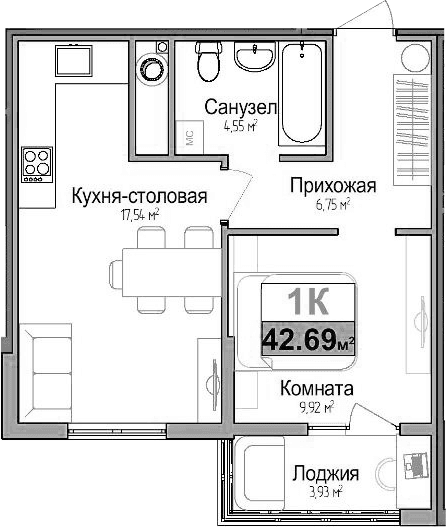 1-комн., 38.76 м²