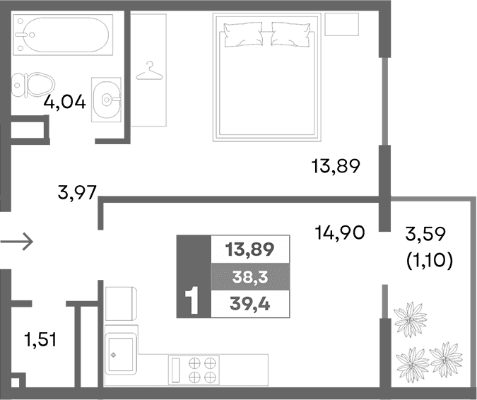 1-комн., 38.3 м²