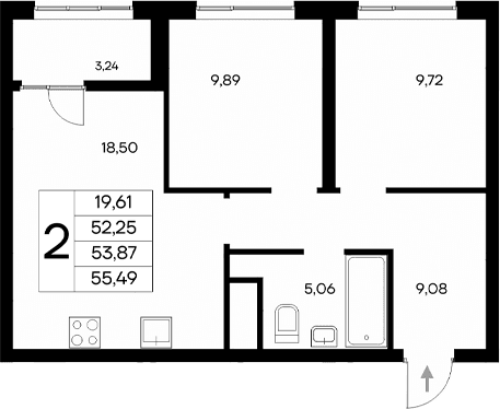 2-комн., 52.25 м²