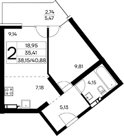 1-комн., 38.14 м²