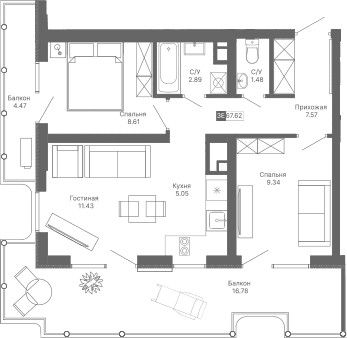 3-комн., 46.37 м²