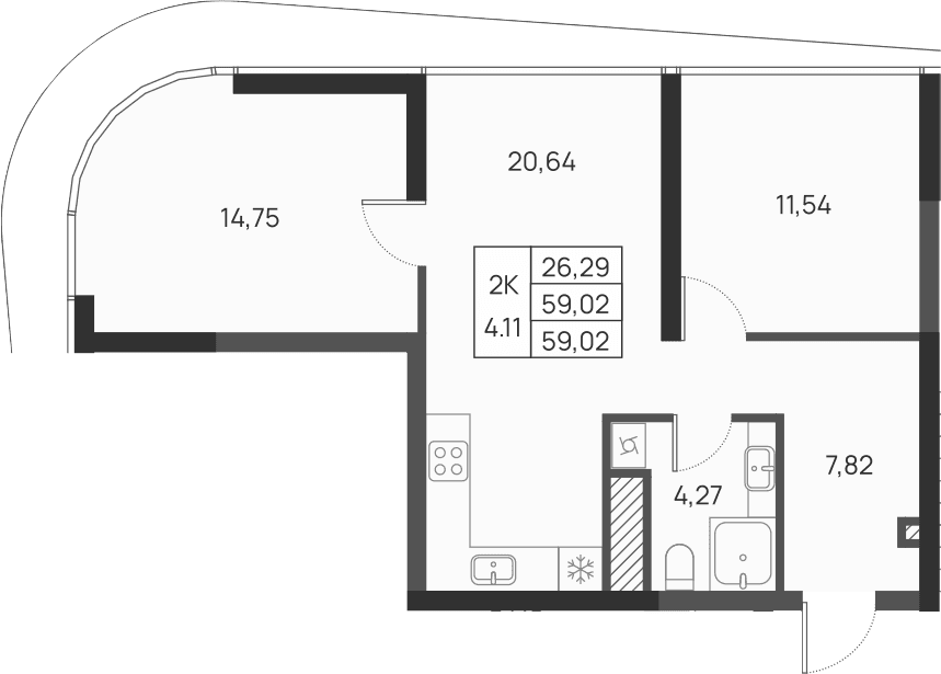 2-комн., 59.02 м²