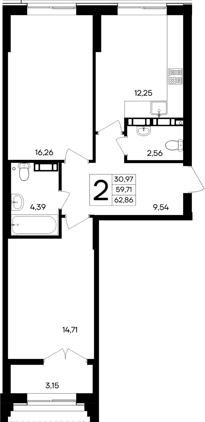 2-комн., 59.71 м²