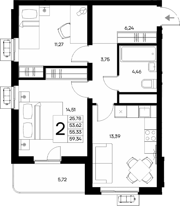 2-комн., 53.62 м²
