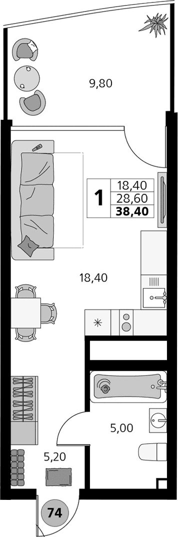 Студия, 28.6 м²