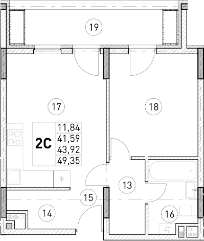 2-комн., 41.59 м²