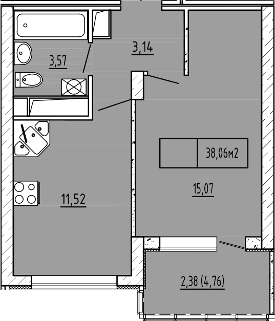 1-комн., 33.3 м²
