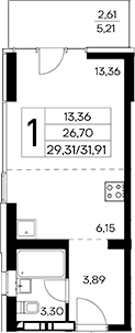 Студия, 29.3 м²
