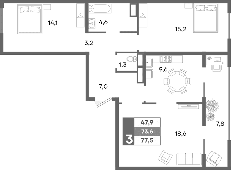 3-комн., 73.6 м²