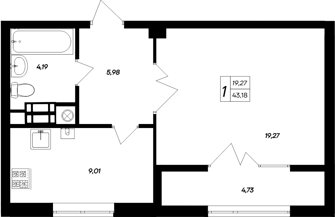 1-комн., 38.45 м²