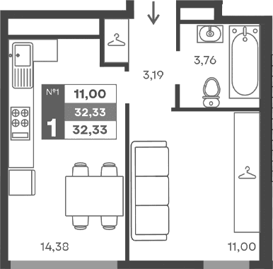 1-комн., 32.33 м²