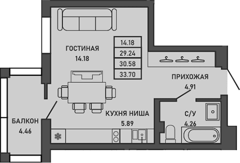Студия, 29.24 м²