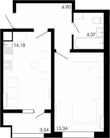 1-комн., 40.67 м²