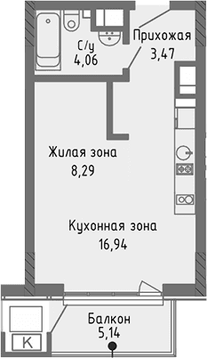 Студия, 32.76 м²