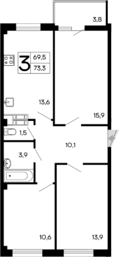 3-комн., 69.5 м²