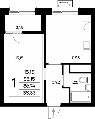 1-комн., 35.15 м²