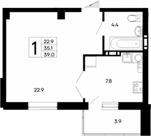 1-комн., 35.1 м²