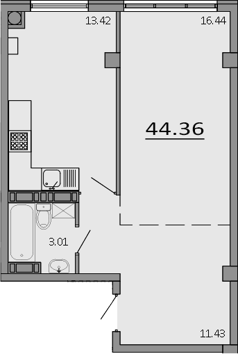 1-комн., 44.36 м²