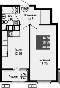 1-комн., 38.99 м²
