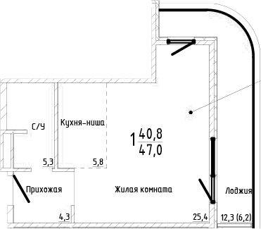 Студия, 40.8 м²