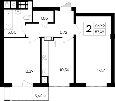 2-комн., 53.87 м²