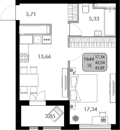 1-комн., 42.04 м²