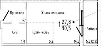 Студия, 27.8 м²