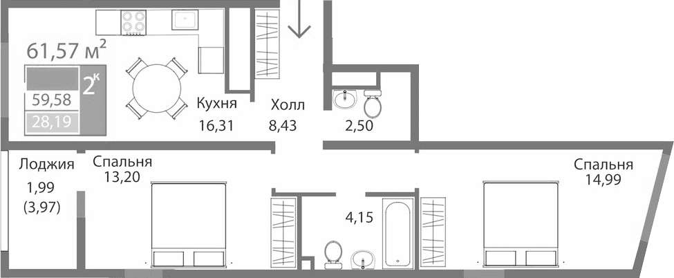2-комн., 59.58 м²