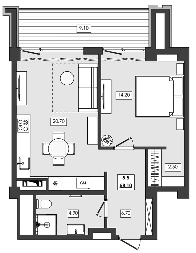 1-комн., 49 м²