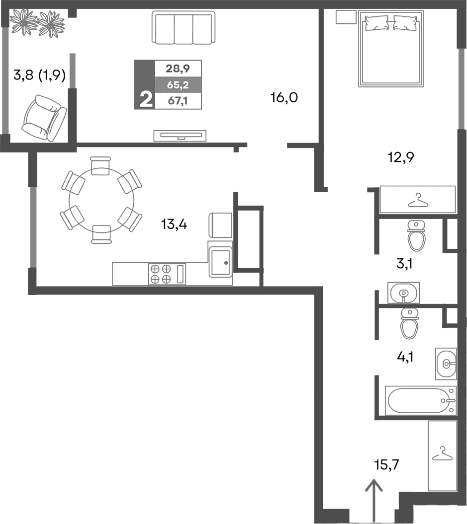 2-комн., 65.2 м²