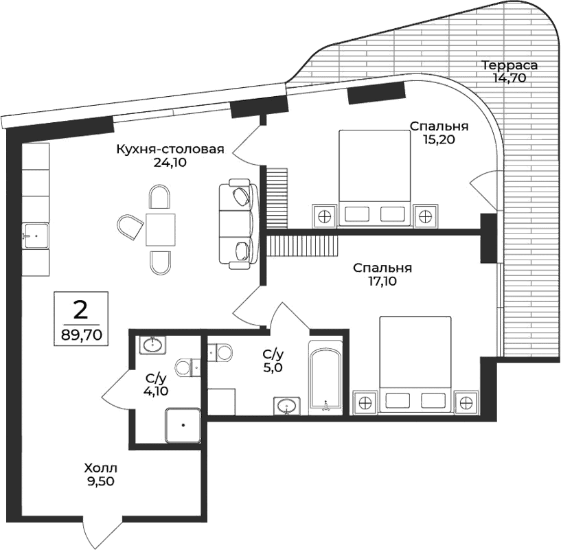 2-комн., 75 м²