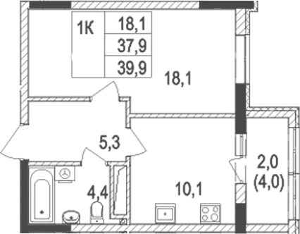 1-комн., 37.9 м²