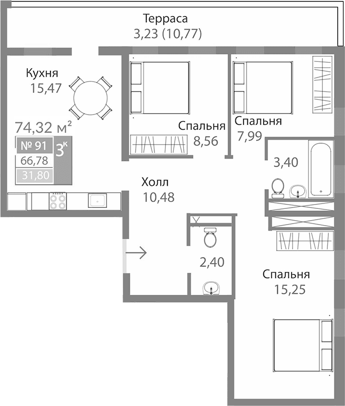 3-комн., 63.55 м²