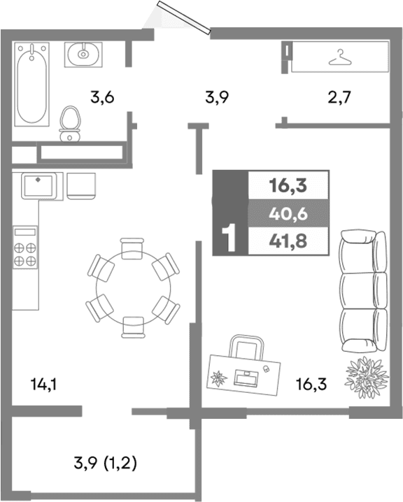 1-комн., 40.6 м²