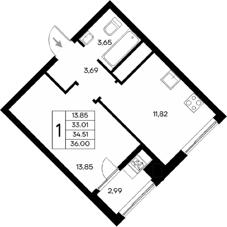1-комн., 33.01 м²