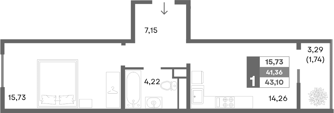 1-комн., 41.38 м²