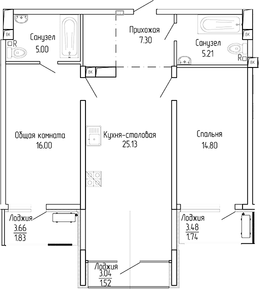 2-комн., 73.44 м²
