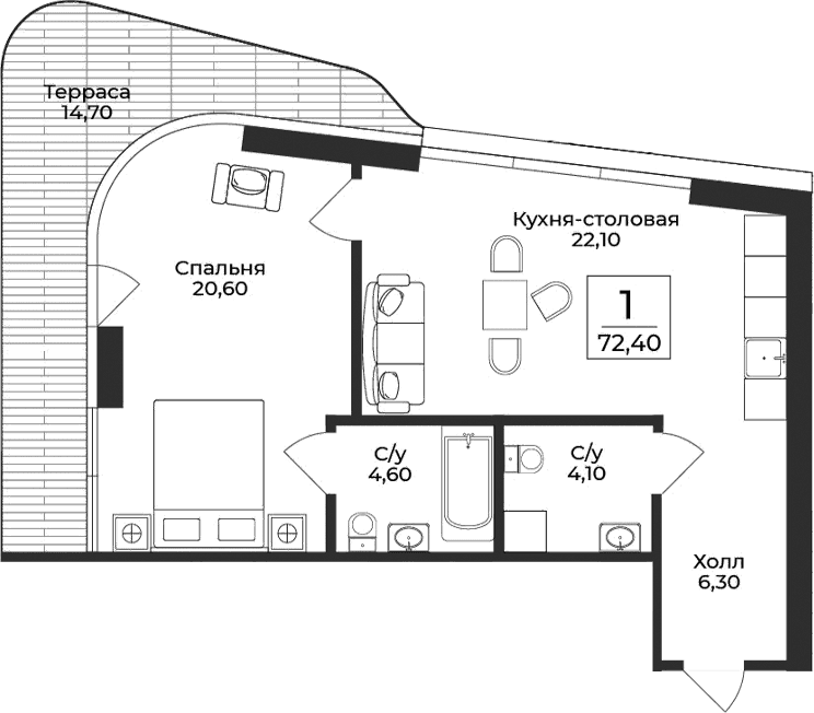 1-комн., 57.7 м²