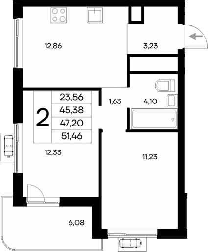 2-комн., 45.38 м²