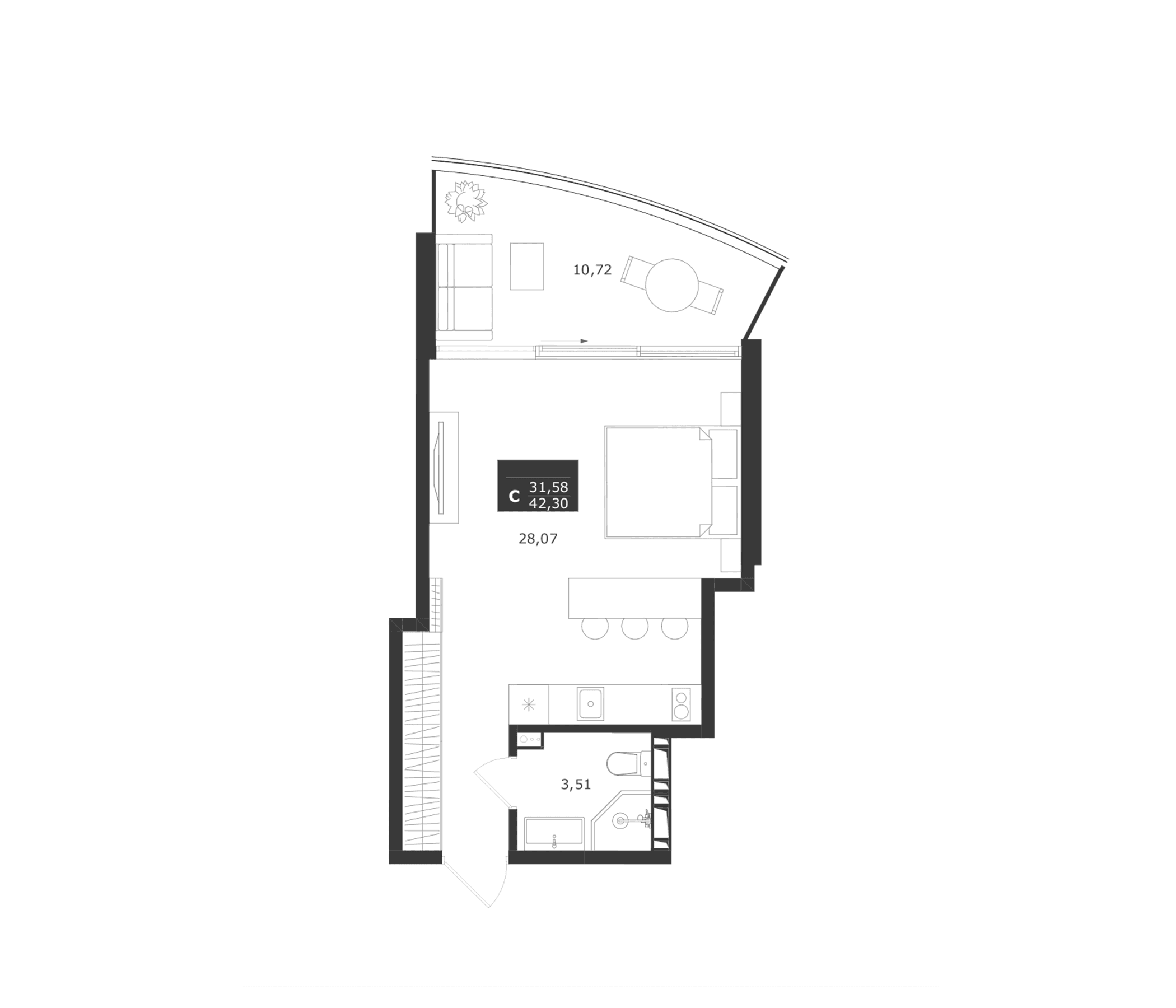 Студия, 31.58 м²