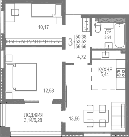 2-комн., 53.52 м²