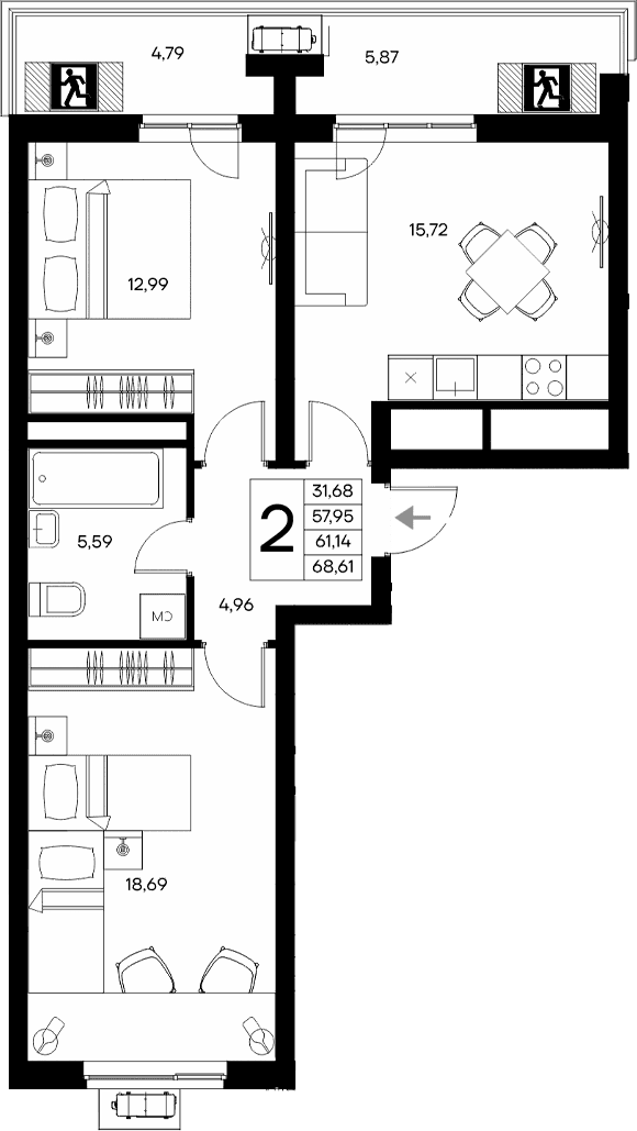 2-комн., 57.95 м²