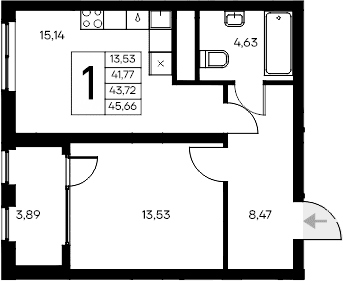 1-комн., 41.77 м²