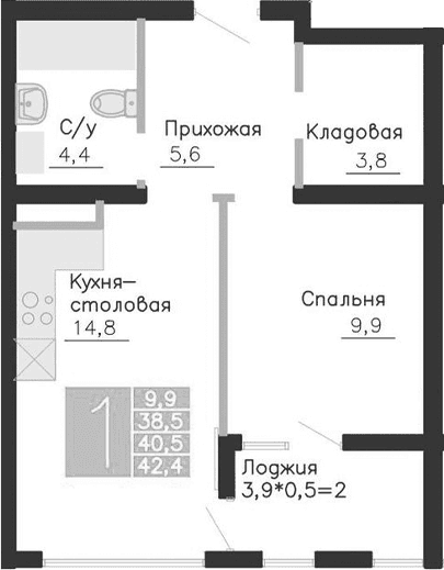 1-комн., 38.5 м²